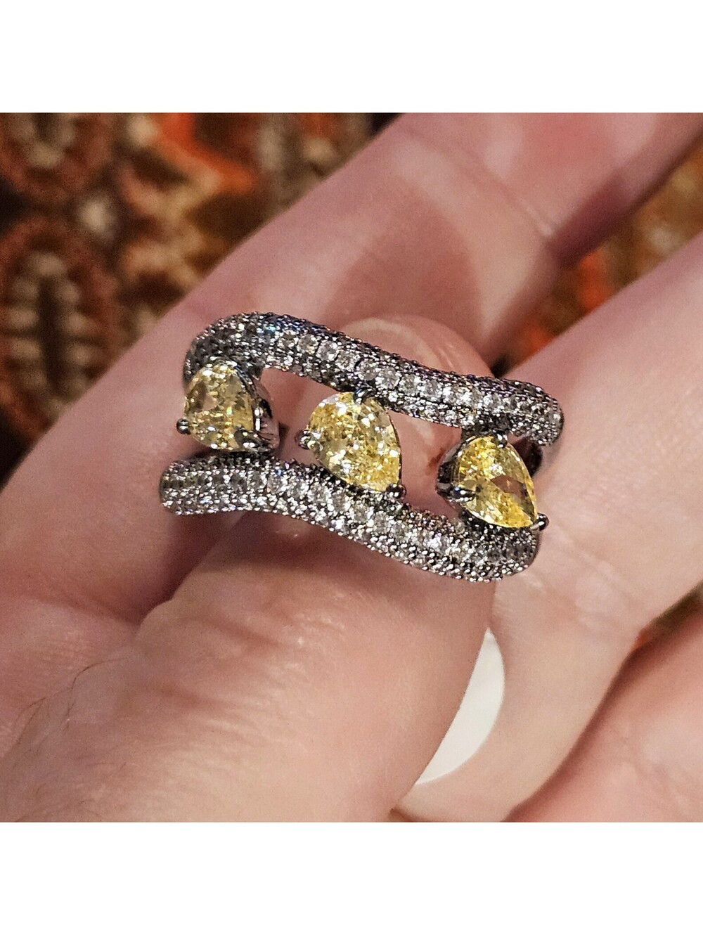Citrine Ring Size 11 Pave CZ Hematite Rhodium Bomb Party "Bent Like A Secret"